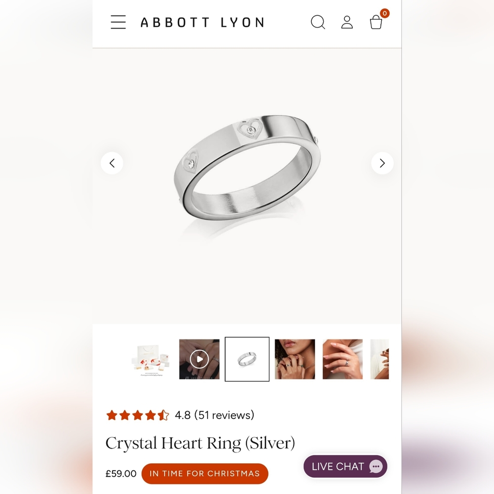 Abbott Lyon Crystal Heart Ring in Silver, Size 7, New in Packaging
